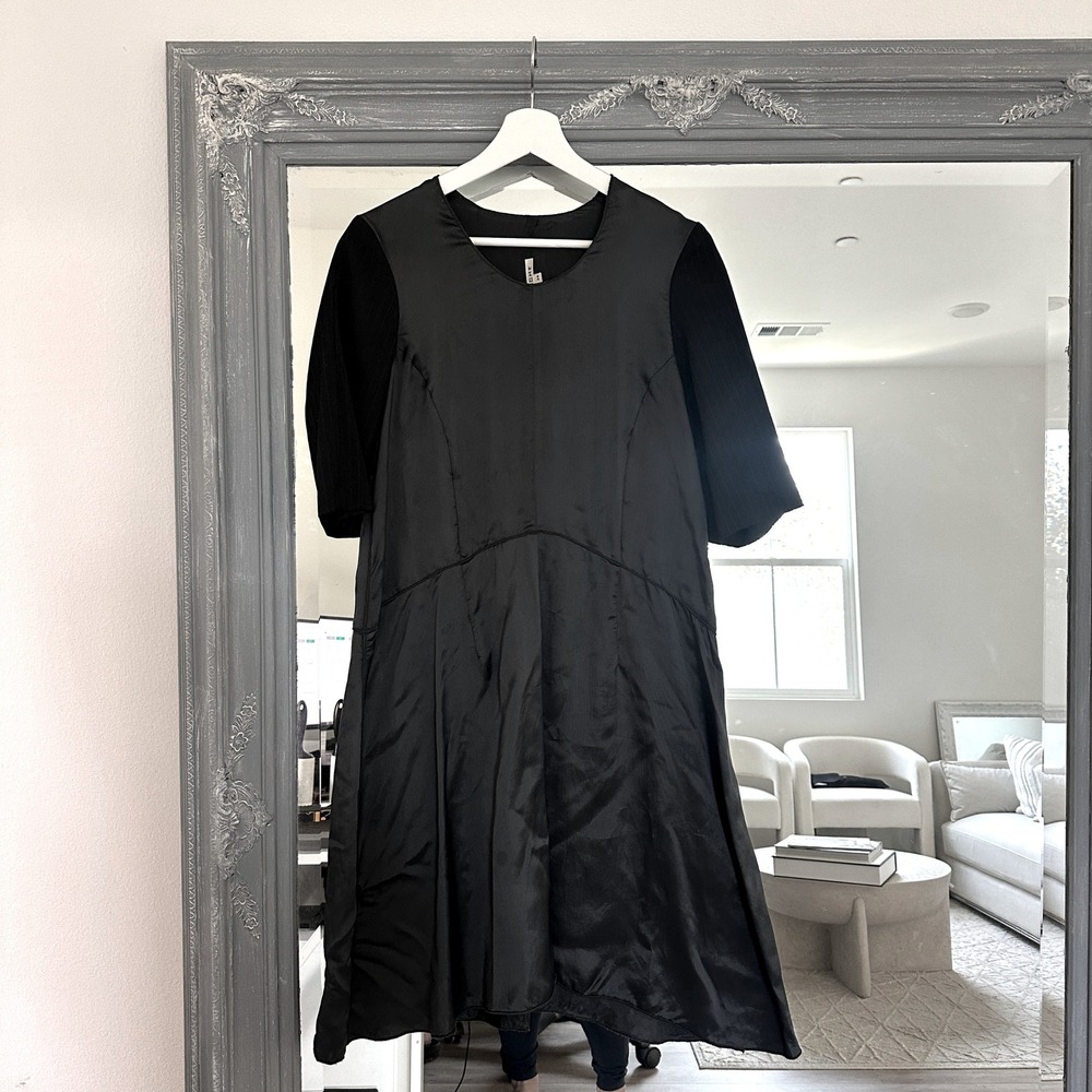 Hache Black Wool Blend Midi Dress‎ V Neck Sheer Sleeve Satin Dress 38